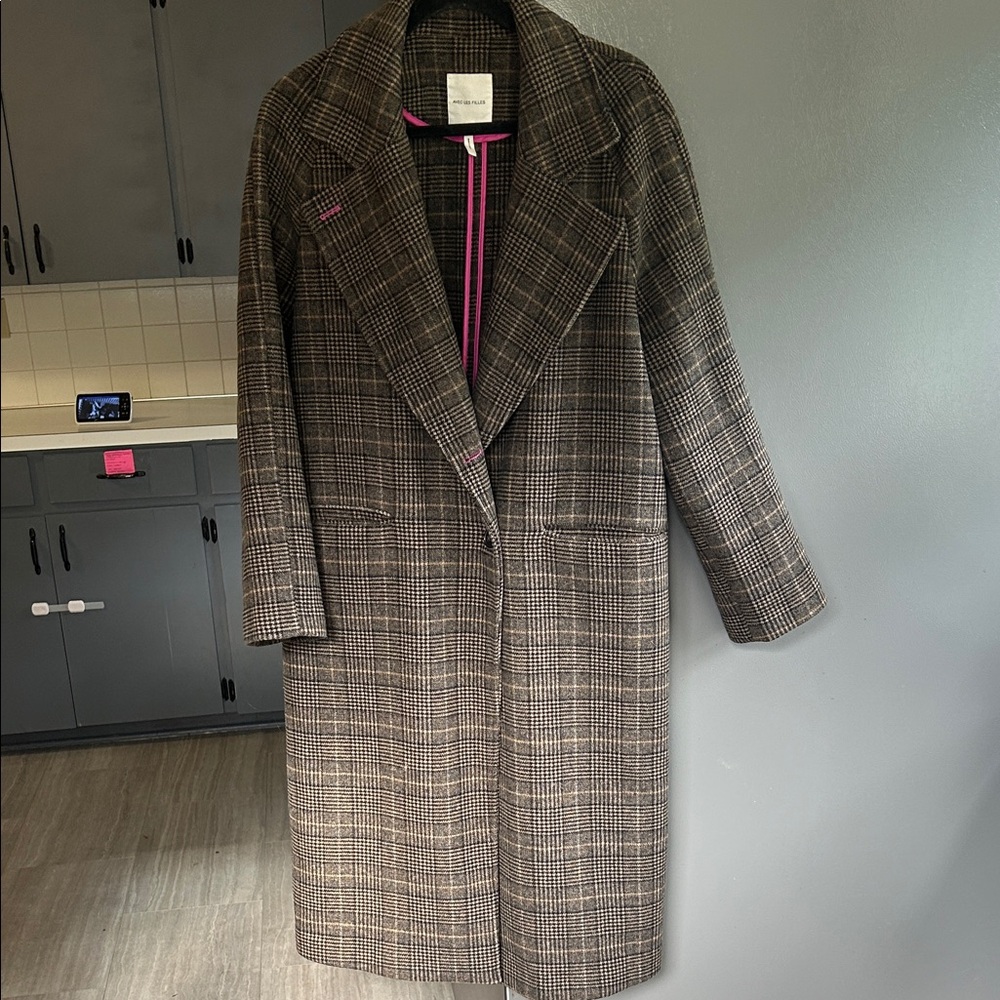 Avec Les Filles Wool Blend Plaid Trench Coat Oversized Blazer Winter Coat Large